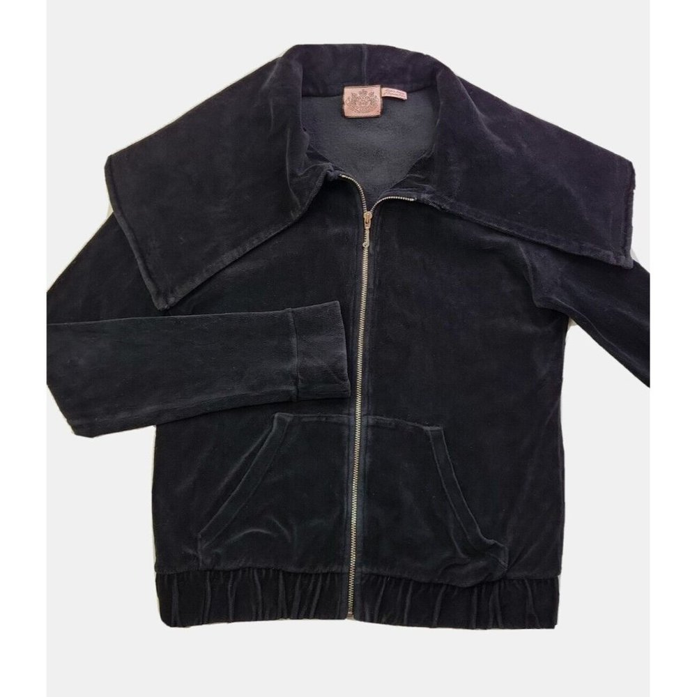Juicy Couture Women Medium Black Velour Sweatshirt Wide Collar Full Zip Y2K